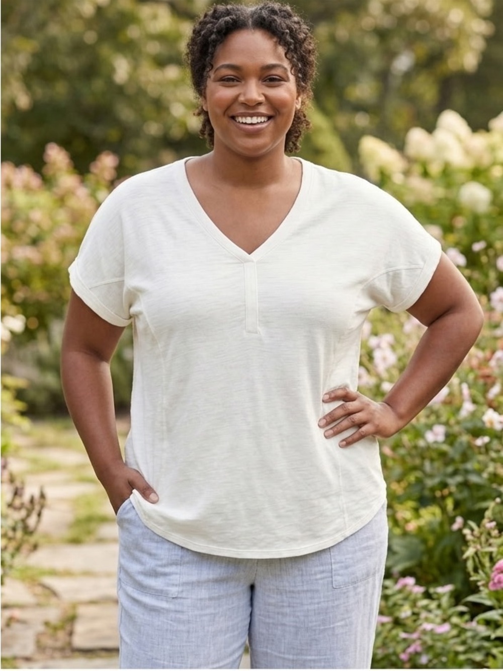Pure Jill 100% Cotton Women's Relaxed V-Neck Short Sleeve Tee in Off-White